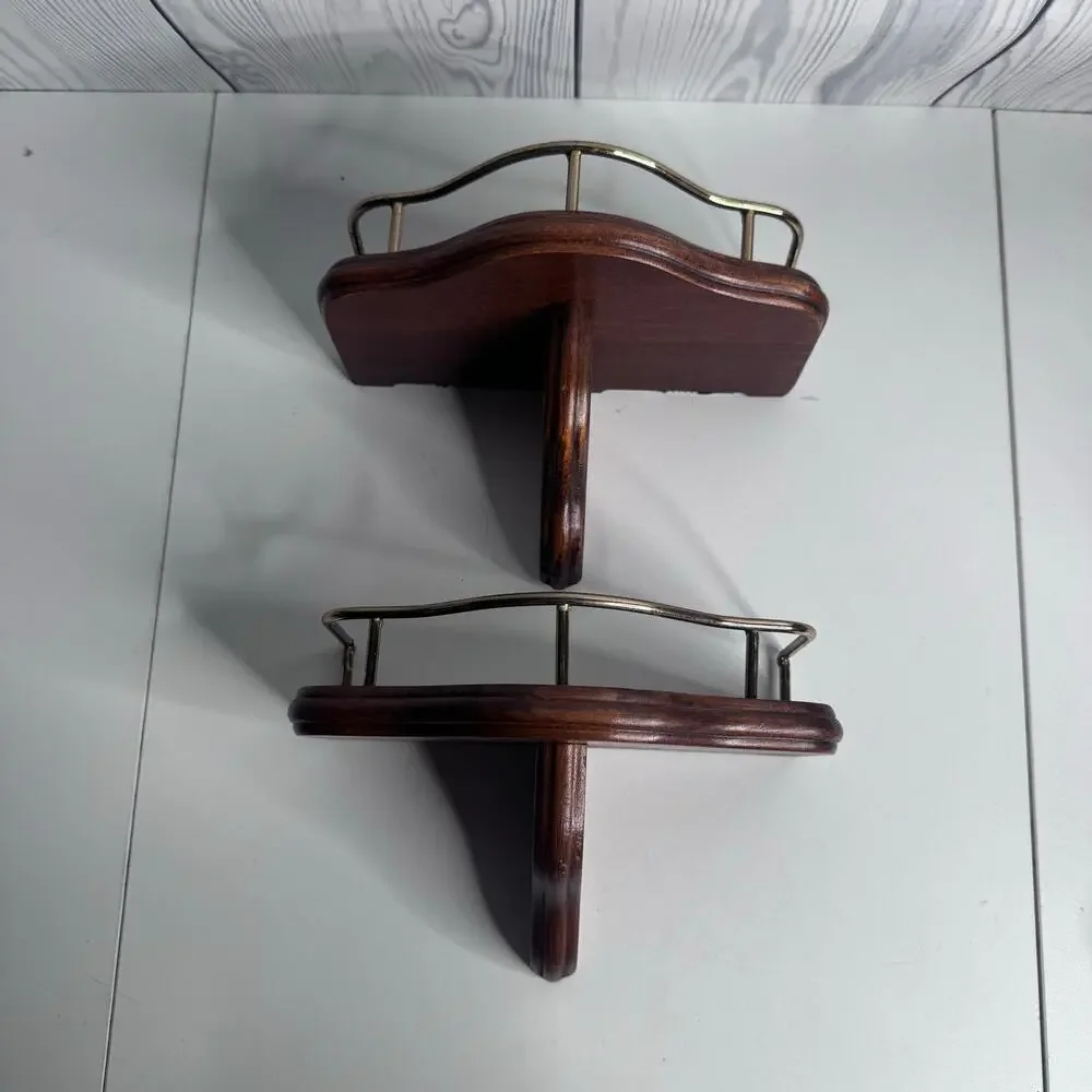 Vintage Wood Wall Mounted Candle Sconce Shelf Brass Gallery Rail 1980s Set 2